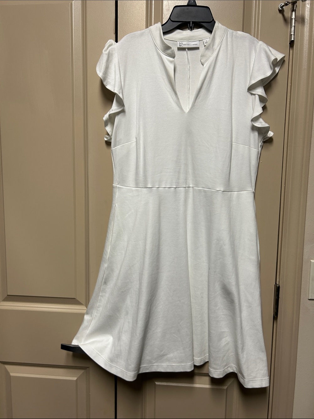 New York & Company White Mini Dress with Ruffle Sleeves